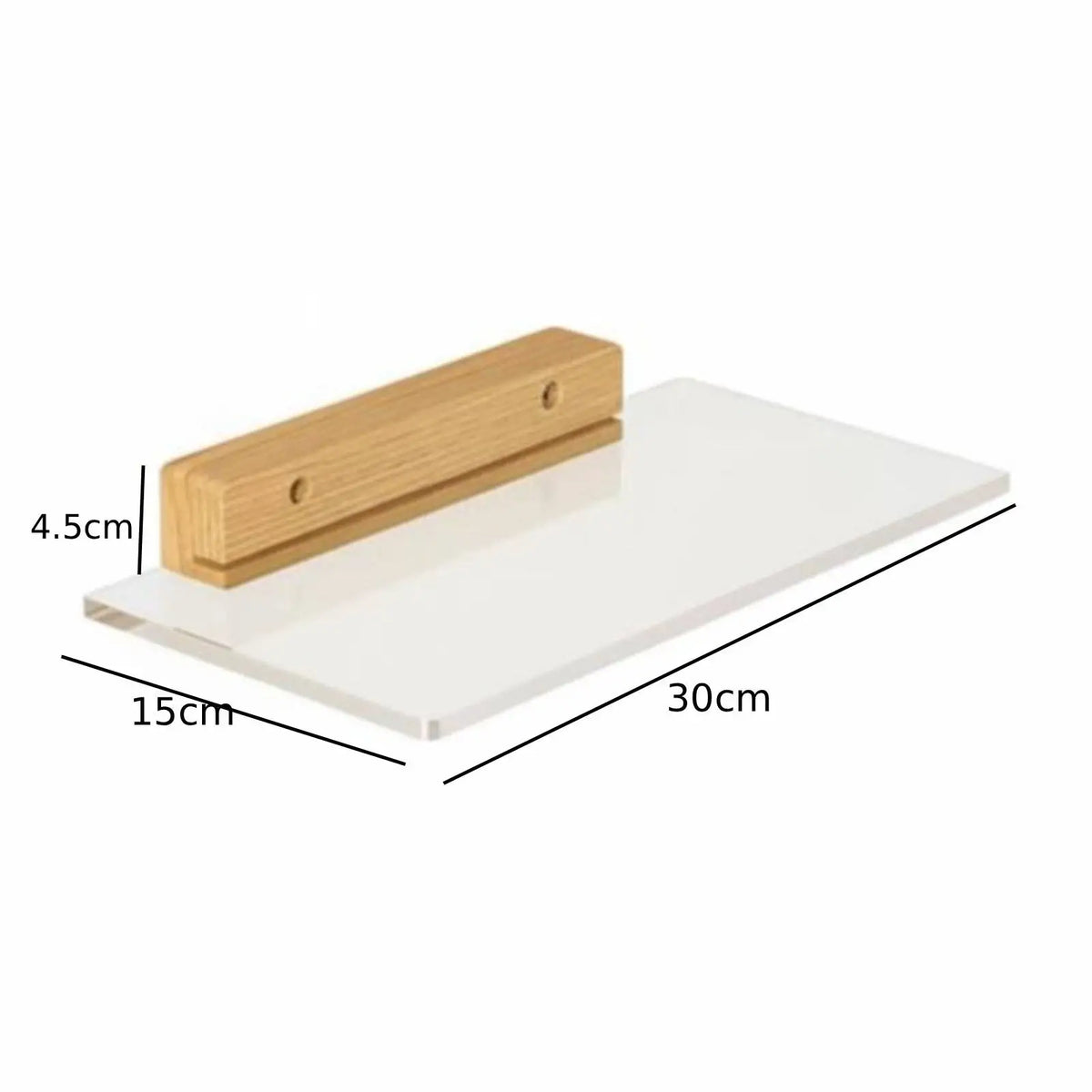 A wooden floating wall shelf with a hidden bracket, displaying a rectangular piece of clear glass.