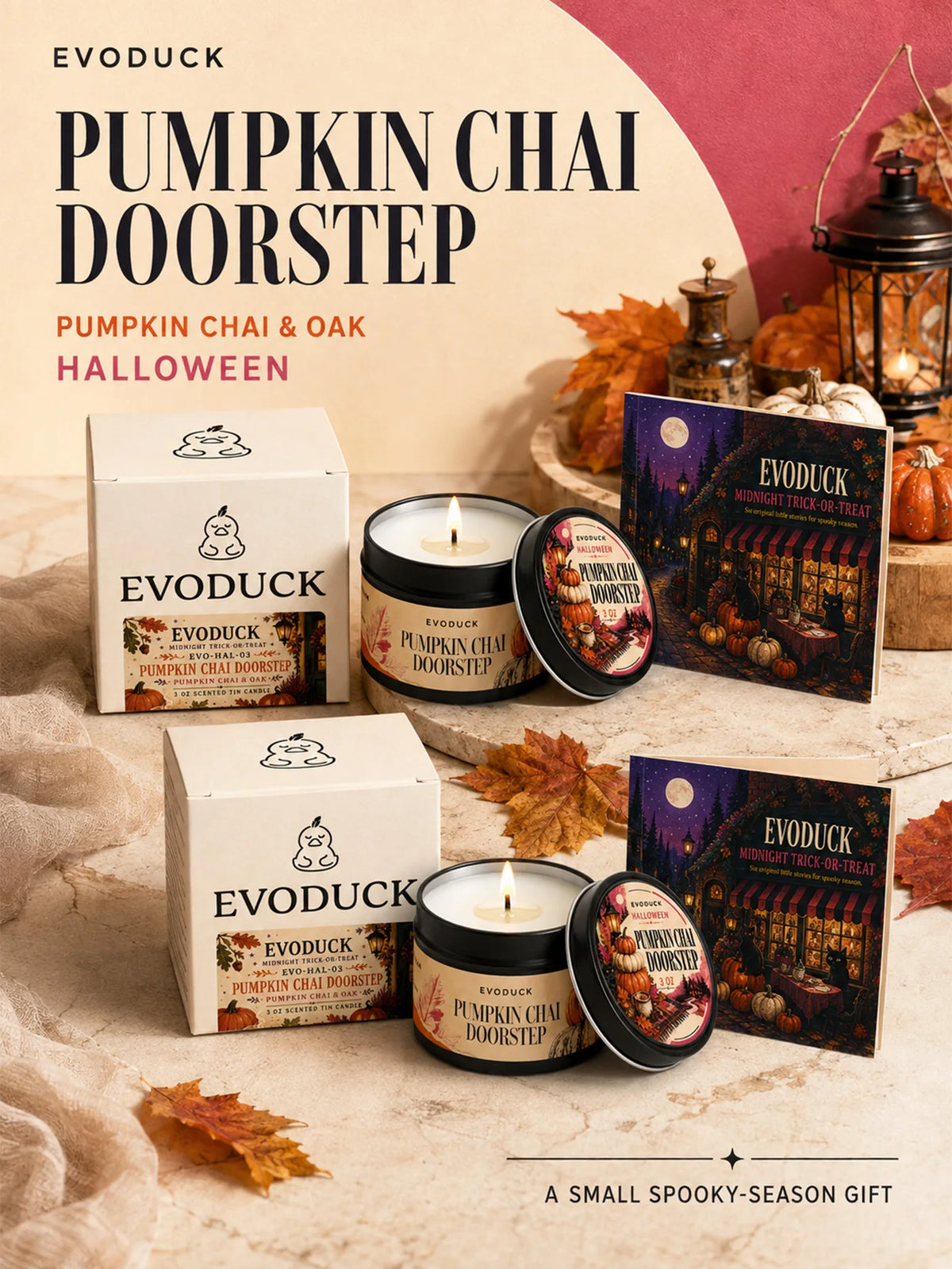 Evoduck Pumpkin Chai Doorstep Halloween gift set featuring candles and packaging