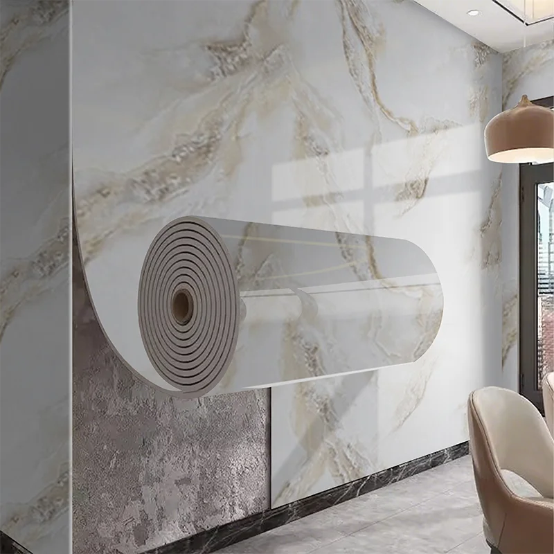 A modern interior wall featuring white marble pattern wallpaper with a circular textured design.