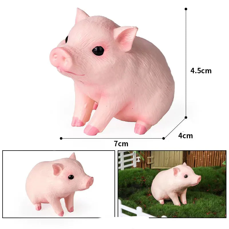 A pink miniature pig figurine shown from the side and a close-up view.