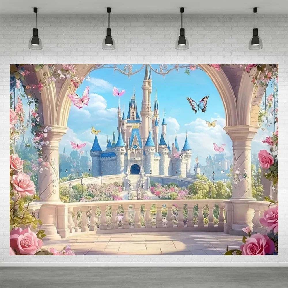 A magical castle backdrop featuring a grand stone castle framed by pink roses and lush greenery.