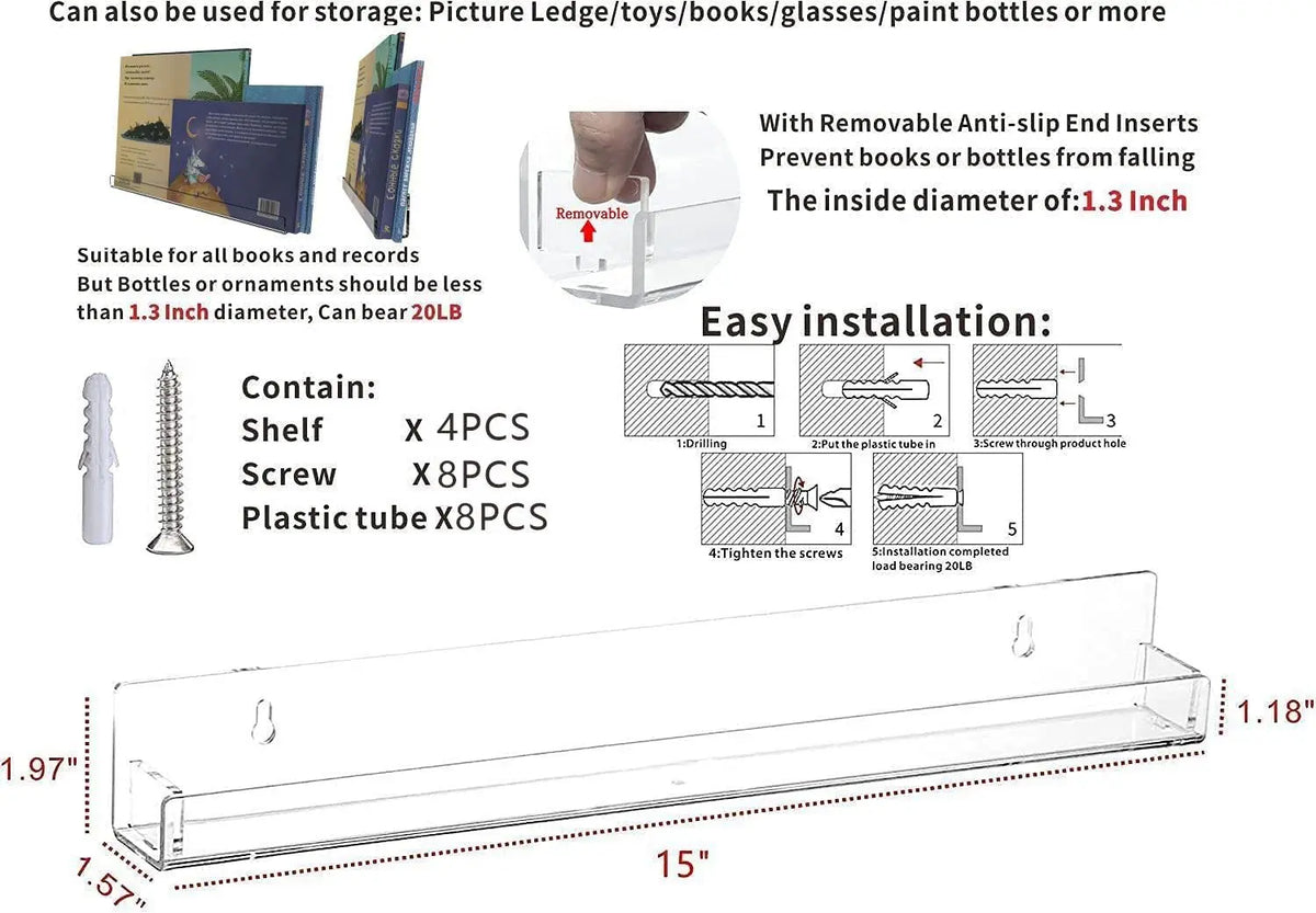 Clear acrylic floating shelf designed to store books, toys, or paint bottles with anti-slip end inserts.