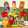 A set of six foil balloons shaped like a school bus and an apple for back-to-school celebrations.