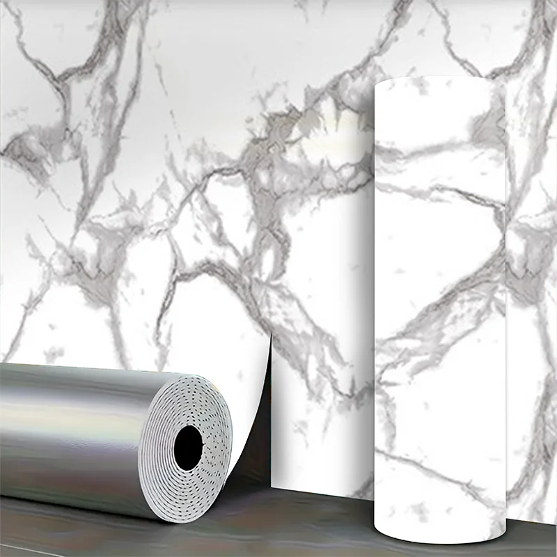 Roll of marble pattern self-adhesive wallpaper against a white background.