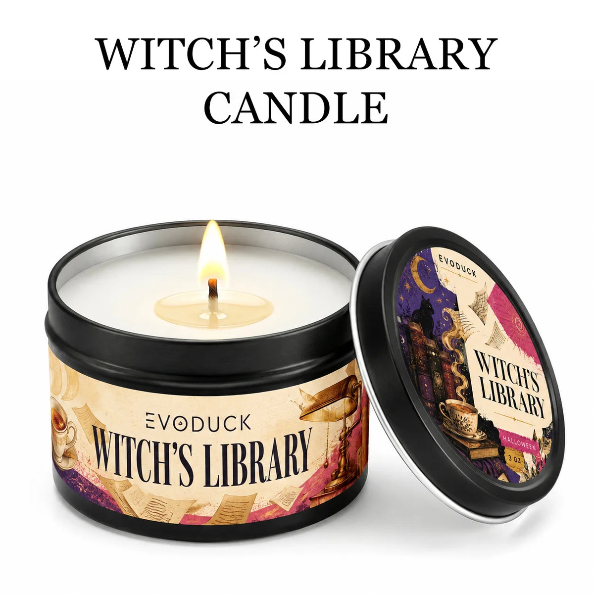 A black jar candle labeled Witch's Library with a lit wick and an open lid showing the product.