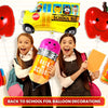 A set of six foil balloons featuring a school bus, apples, and backpacks for back-to-school decorations.