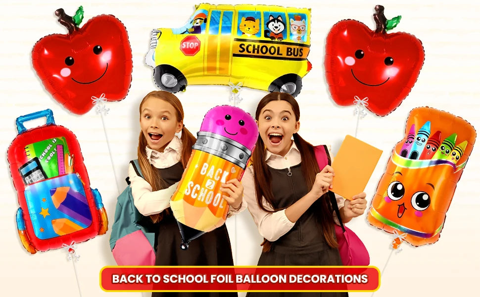 A set of six foil balloons featuring a school bus, apples, and backpacks for back-to-school decorations.