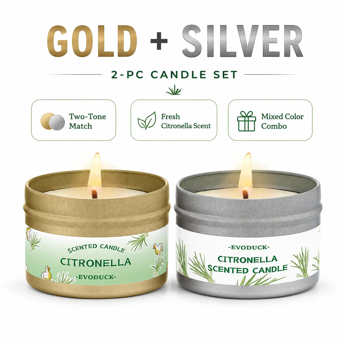 A set of two candle jars, one gold and one silver, featuring citronella scent.