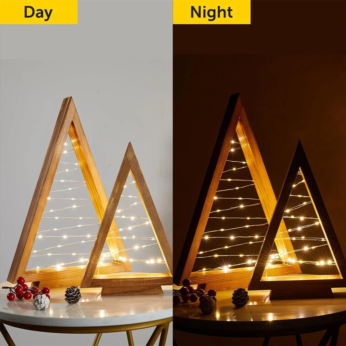 Set of 2 Wooden Tabletop Christmas Trees with Warm White Lights