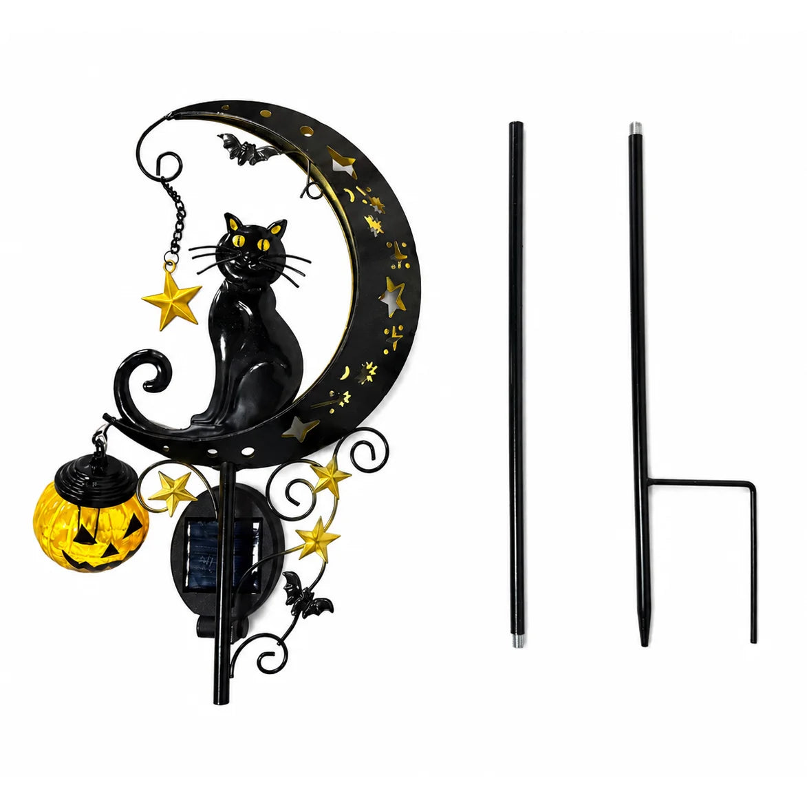 Halloween solar garden stake light featuring a black cat moon design with a pumpkin lantern.