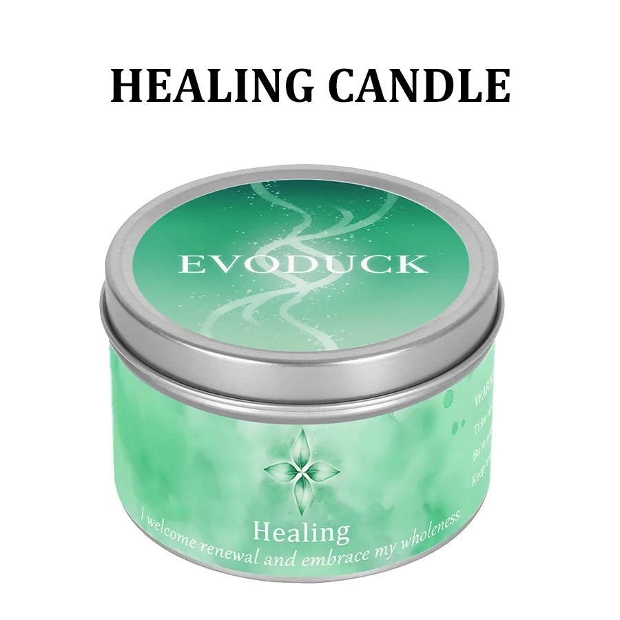 A jar of Evoduck healing candle with a green lid and label featuring a leaf design.
