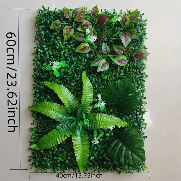 Artificial green plant wall panel featuring realistic 3D foliage and various green leaves