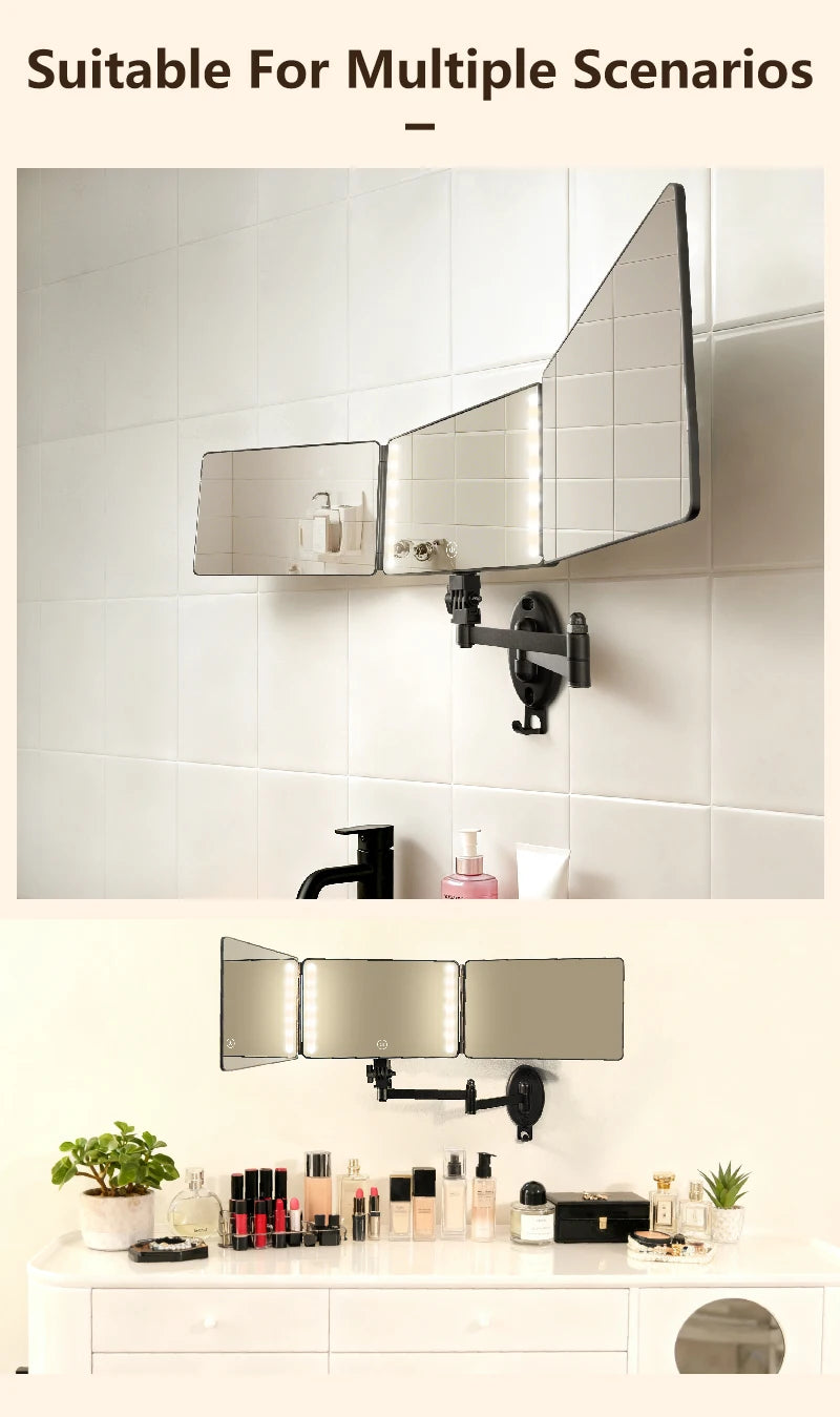 A wall-mounted mirror with three adjustable sections and an LED light is installed above a bathroom sink.