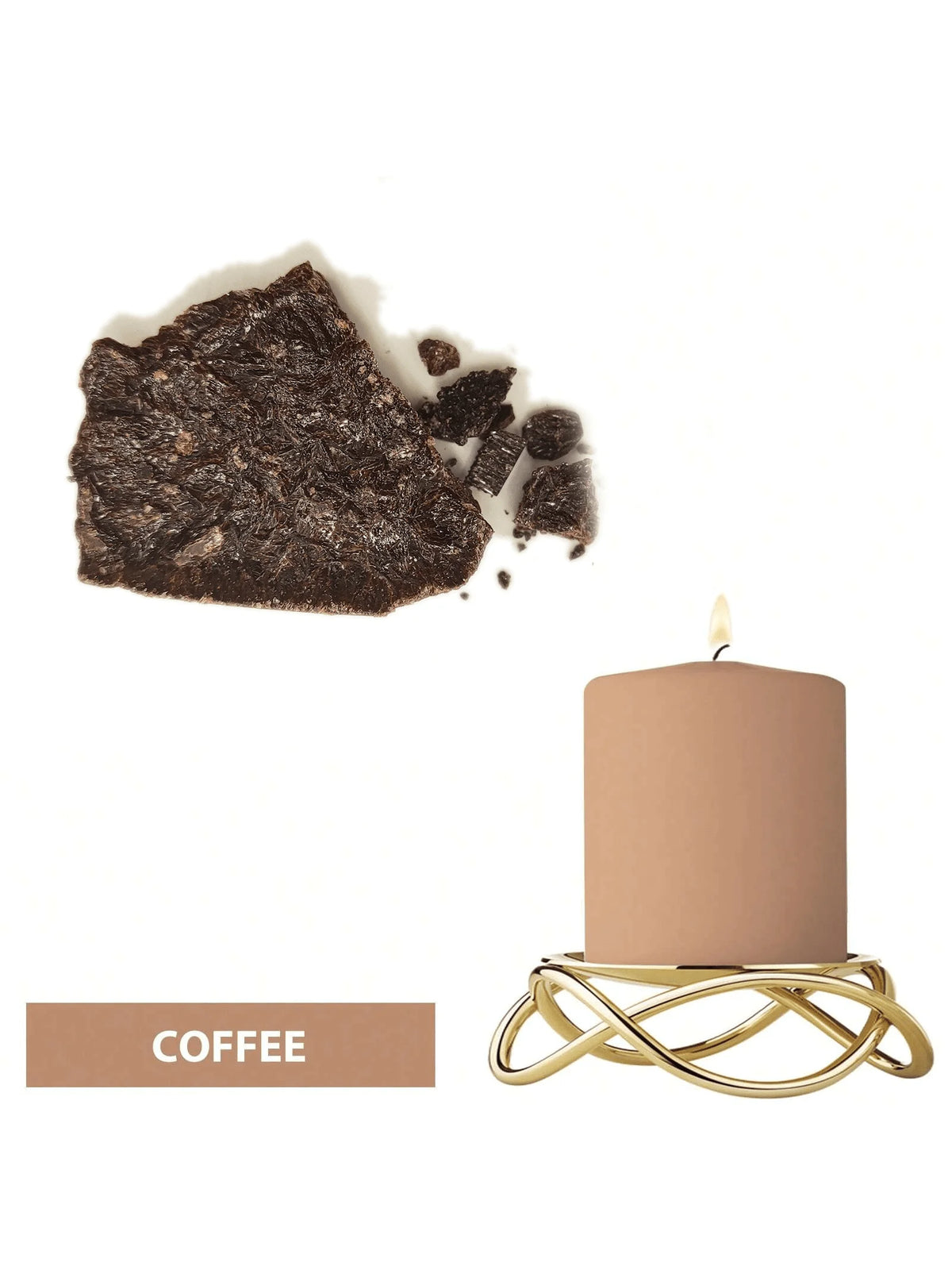 A lit candle in a gold wire holder, next to a dark coffee-colored dye block.