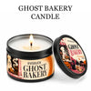 A jar of Ghost Bakery candle with a lit wick and an open lid next to the product title.