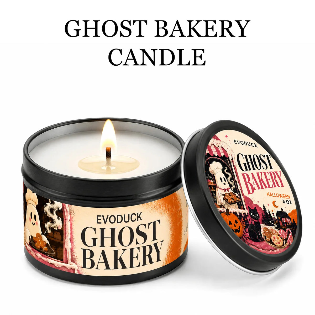 A jar of Ghost Bakery candle with a lit wick and an open lid next to the product title.