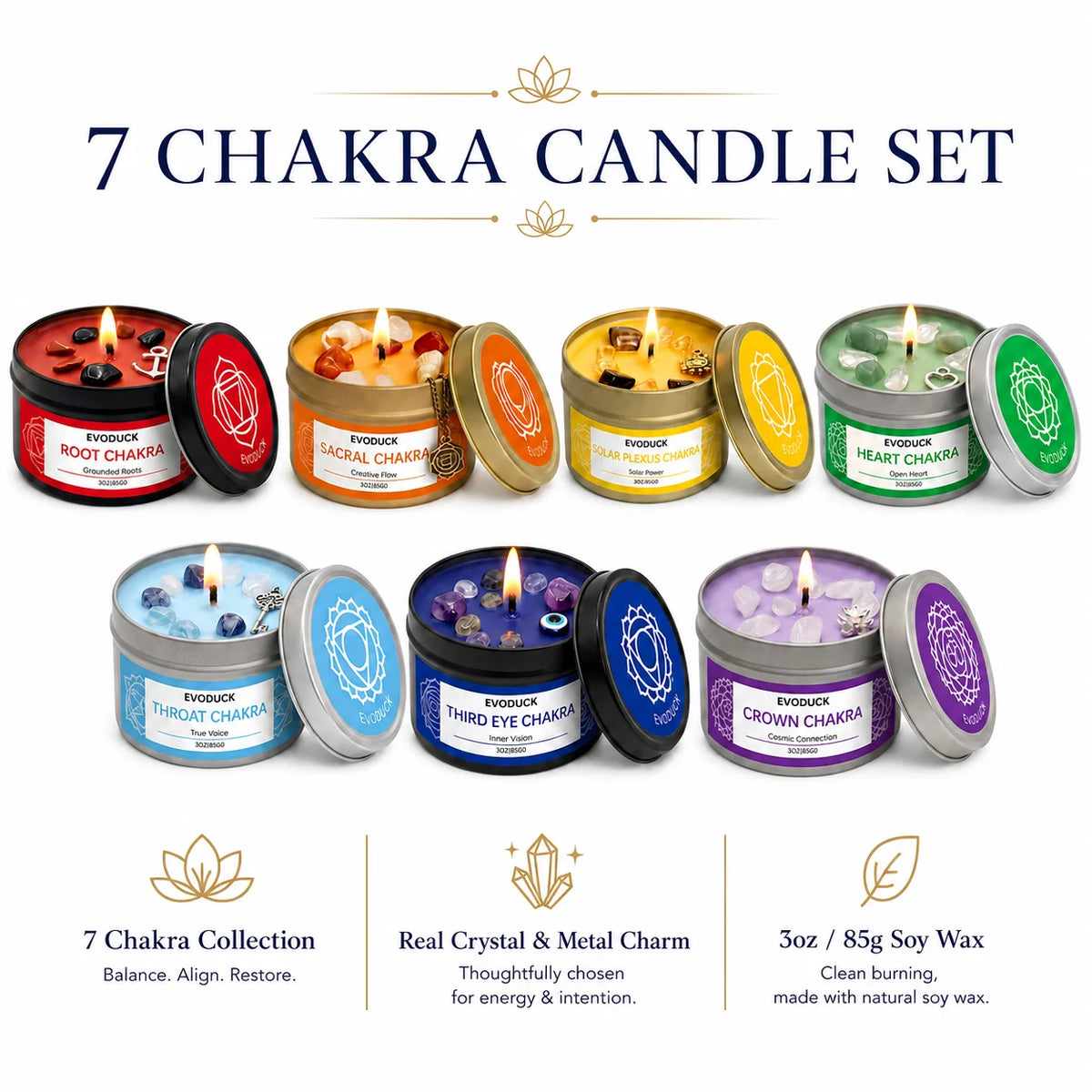 A set of seven chakra scented candles featuring real crystals and metal charms.