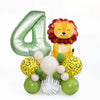 A set of jungle safari themed balloons including a large number four, a lion face balloon, and various colored spheres.