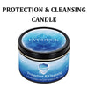 A jar of Evoduck Protection & Cleansing Candle with a blue and white label.
