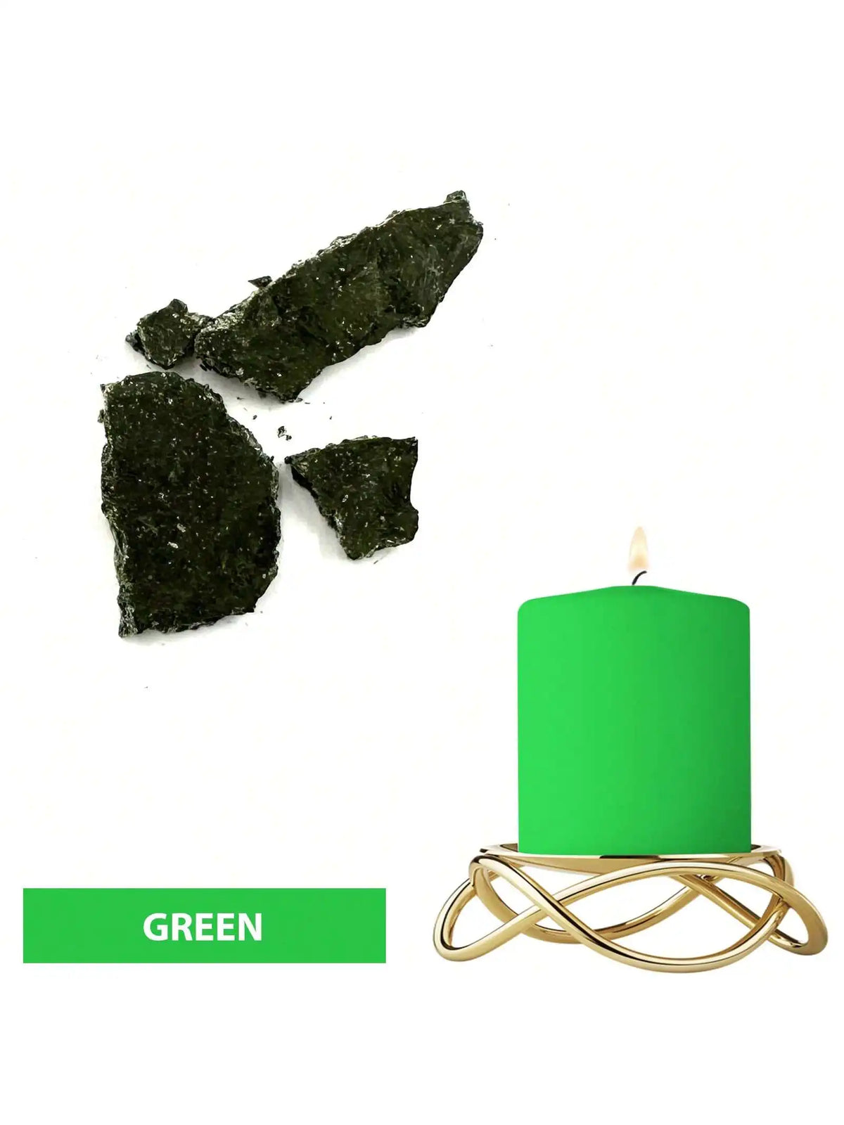 Green candle in a gold wire holder with dark green dye blocks nearby.