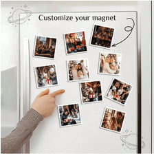 A hand points to various custom photo magnets displayed on a refrigerator door, illustrating how to customize them.