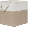 Fabric storage cubes with a white top and tan bottom, featuring metal handles.