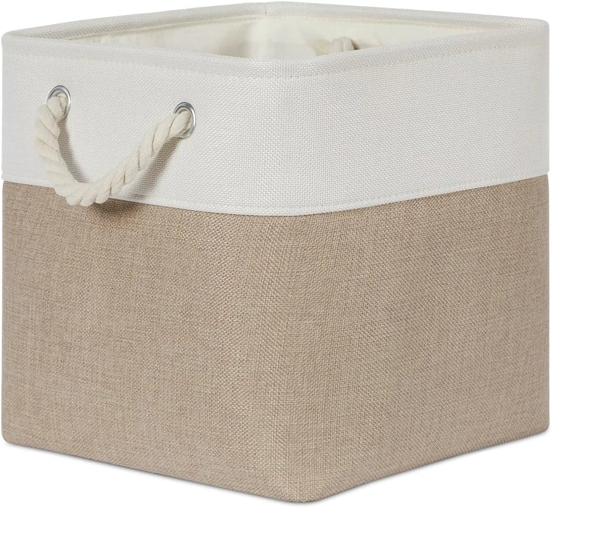 Fabric storage cubes with a white top and tan bottom, featuring metal handles.