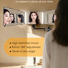 A 3-sided deployment mirror with an LED light is shown mounted above a sink, demonstrating its ability to reflect subjects fr