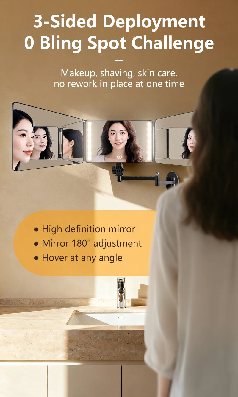 A 3-sided deployment mirror with an LED light is shown mounted above a sink, demonstrating its ability to reflect subjects fr