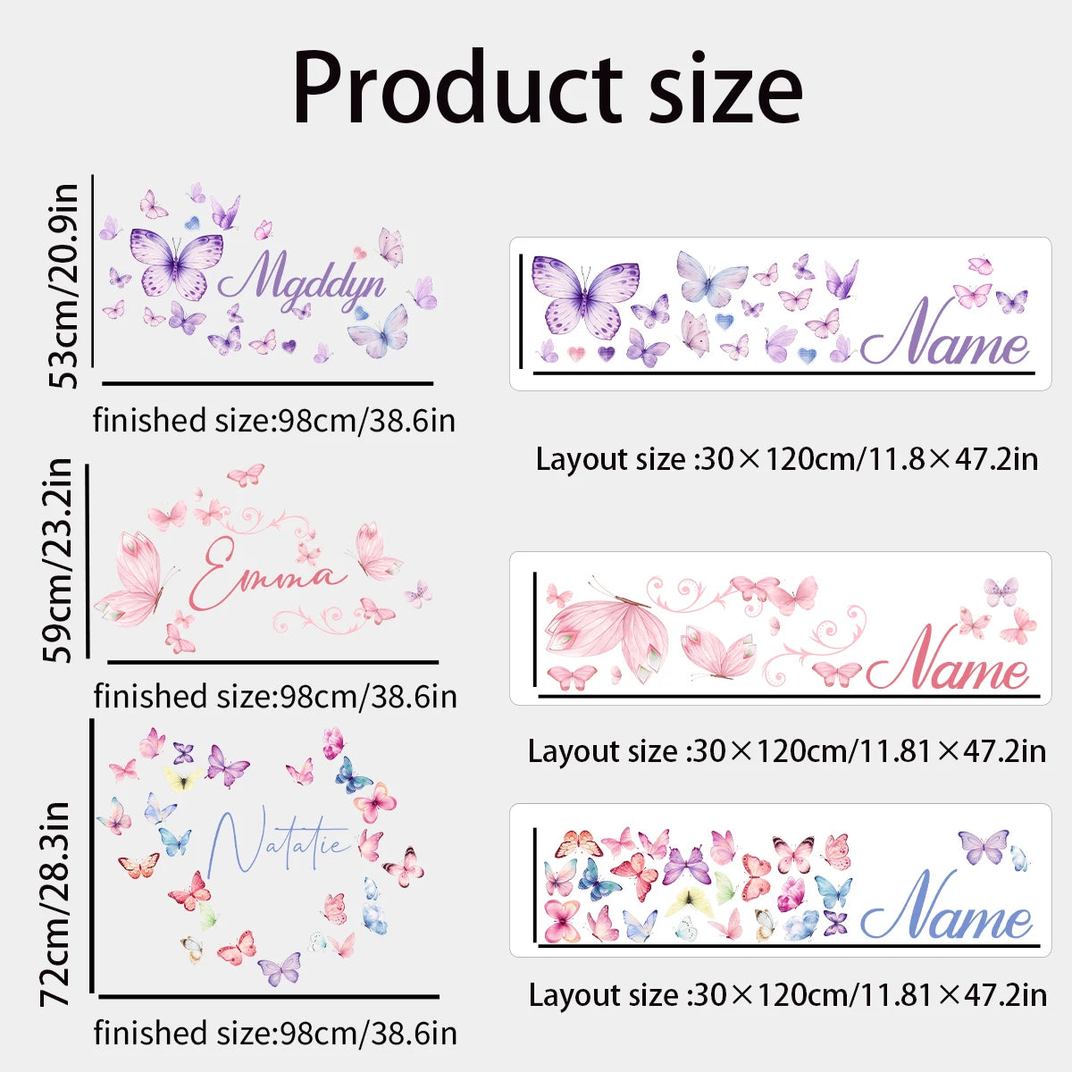 Product size chart showing dimensions for personalized butterfly name wall stickers.