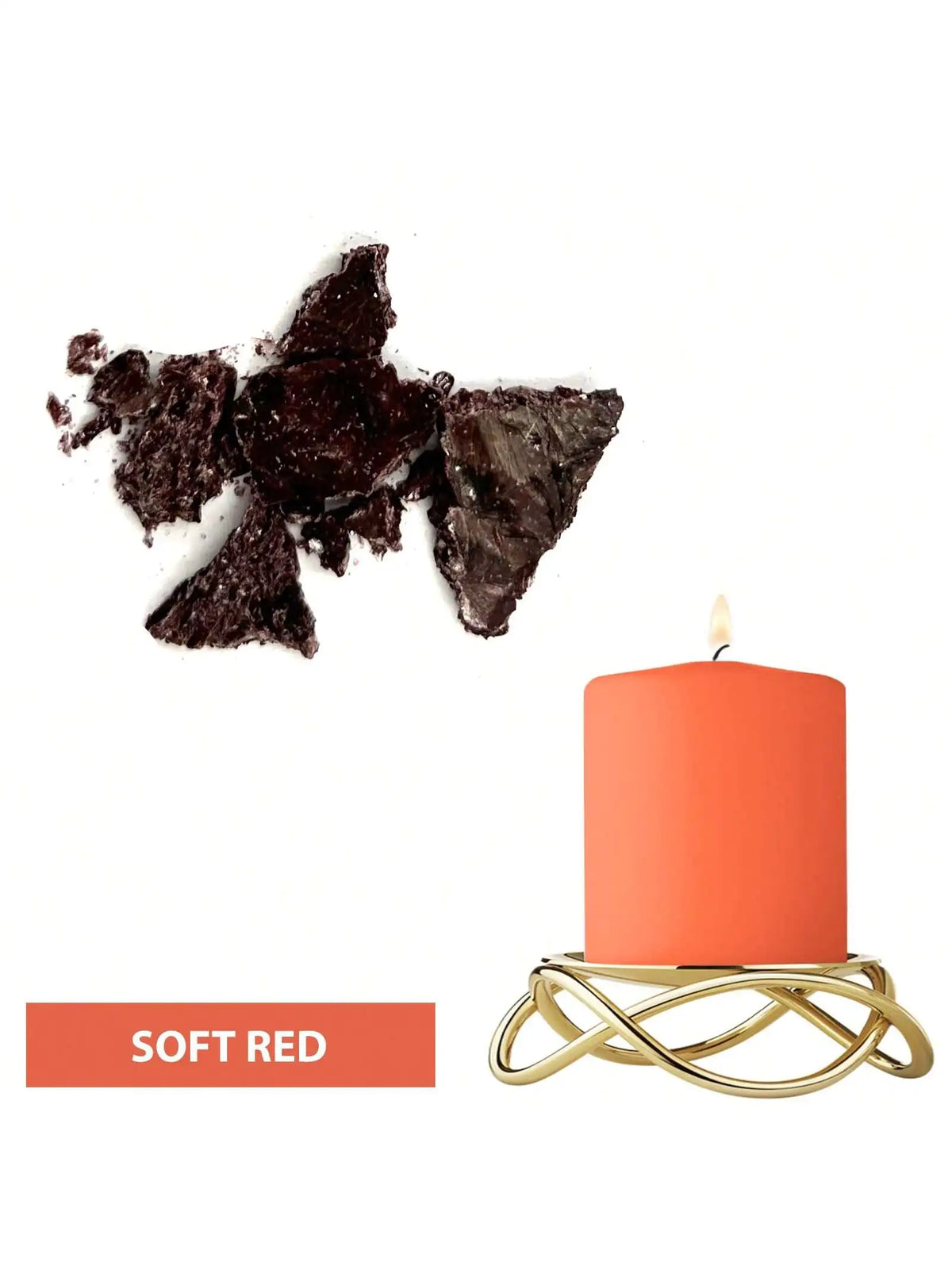 A soft red candle in a glass jar sits on a gold wire stand next to dark chocolate dye blocks.