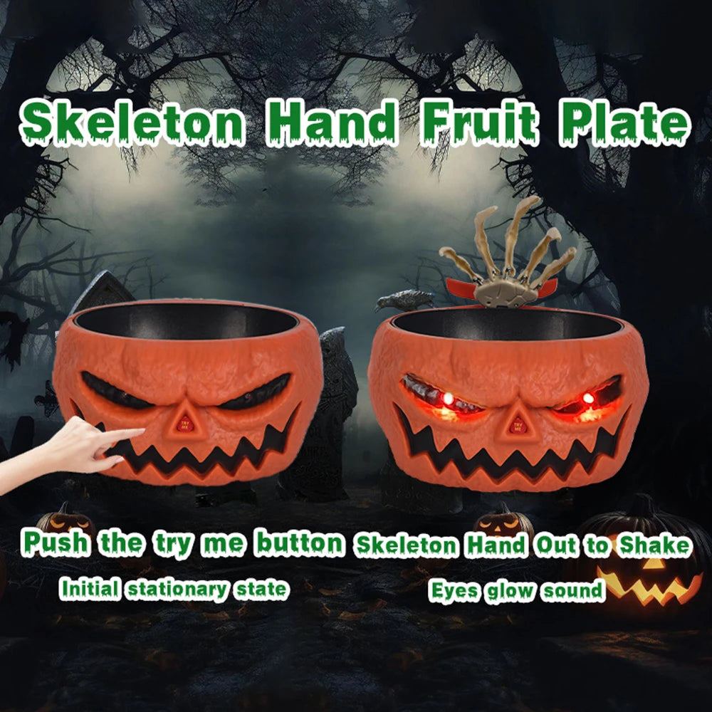 An orange skeleton hand fruit plate with glowing eyes is shown against a dark background.
