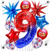 A collection of red and blue foil balloons shaped like spiders, stars, and other festive shapes.
