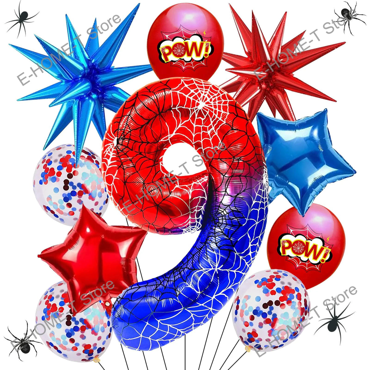 A collection of red and blue foil balloons shaped like spiders, stars, and other festive shapes.