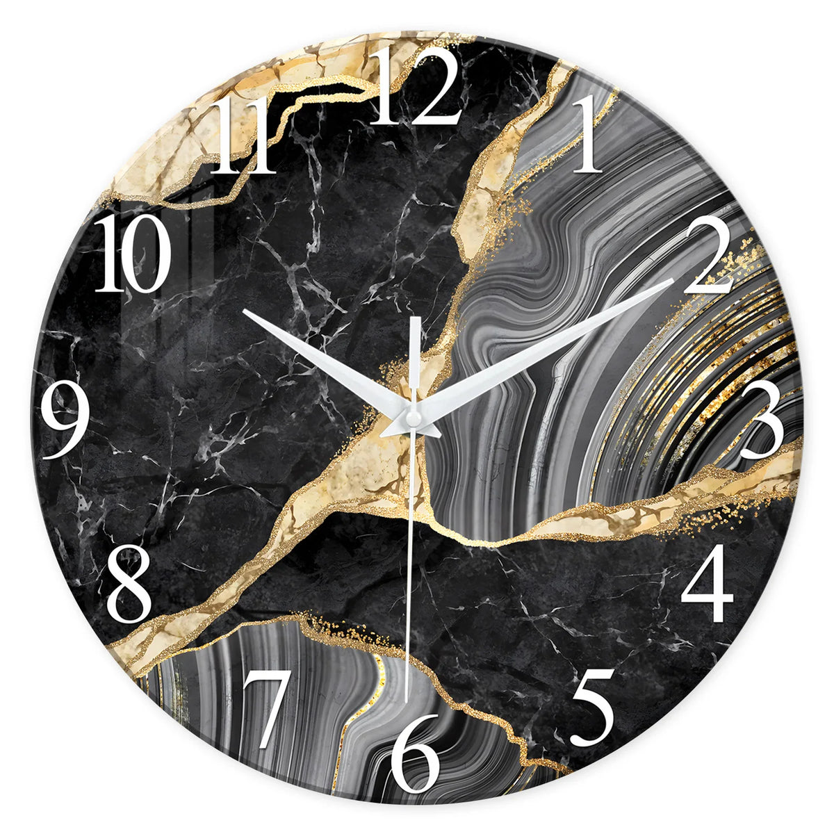 A round wall clock with a black marble texture featuring gold veining and white numbers.