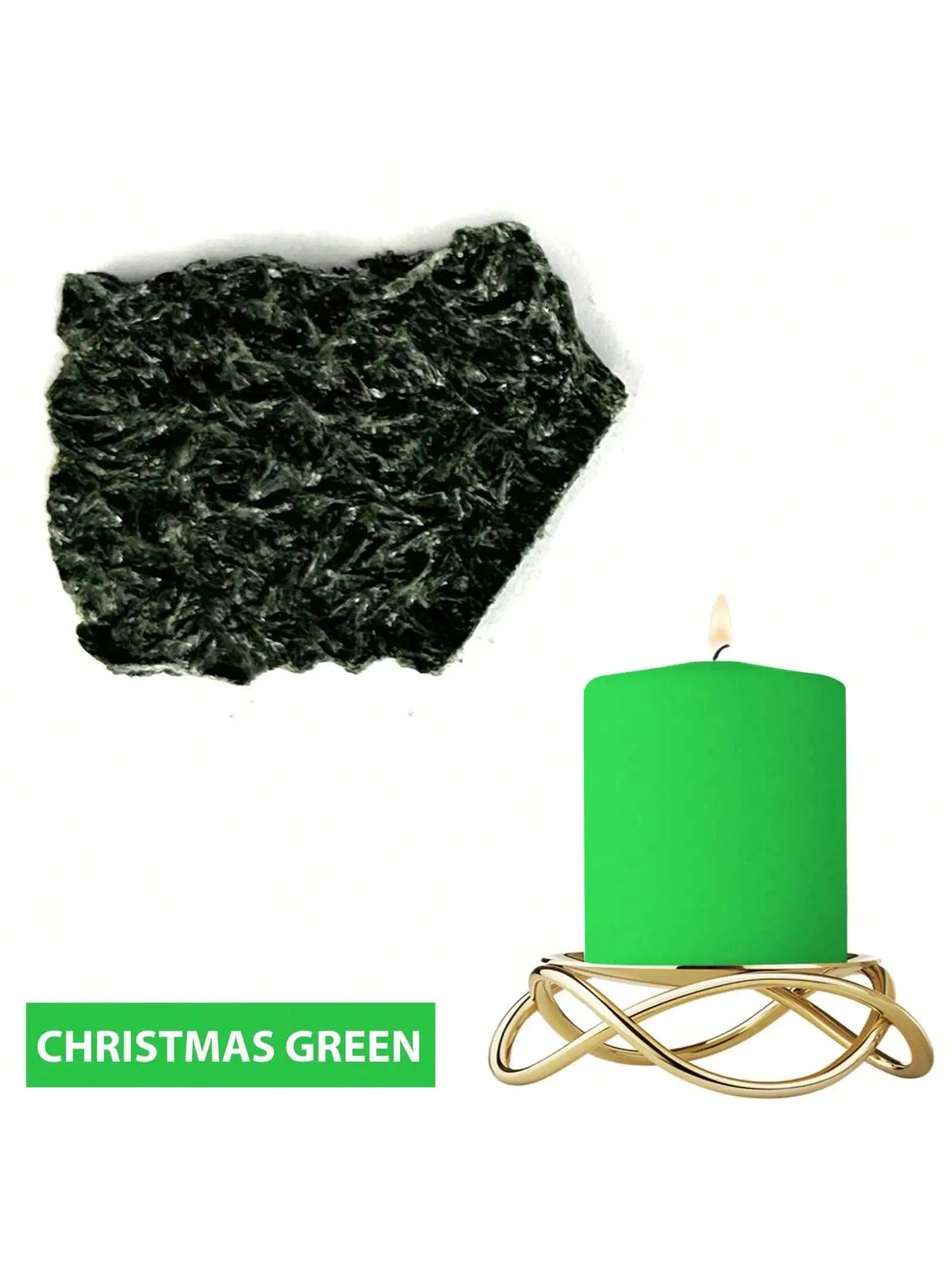 Christmas green candle with a gold wire stand and a dark green dye block.