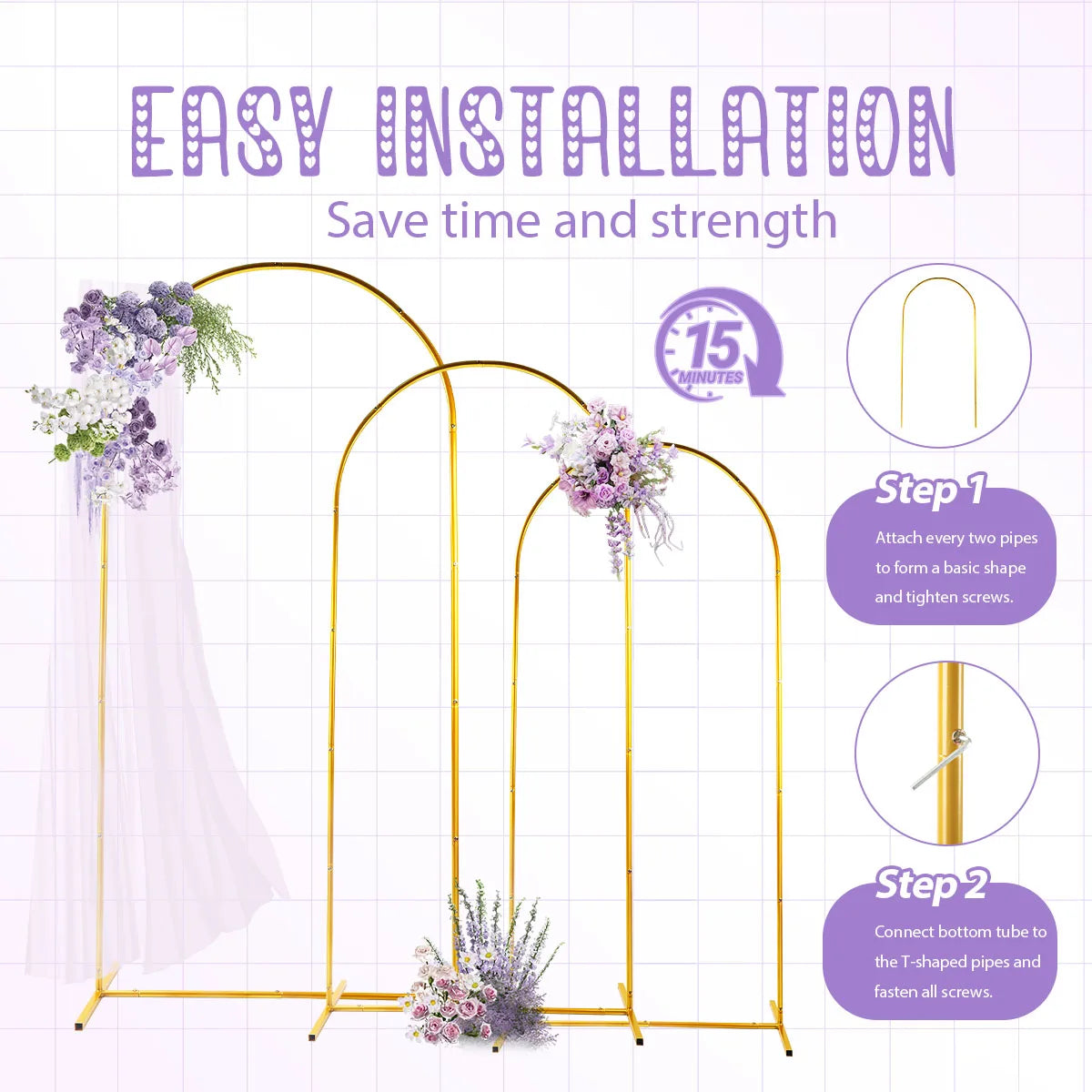 Instructions for easy installation of an adjustable metal arch backdrop kit showing step-by-step assembly.