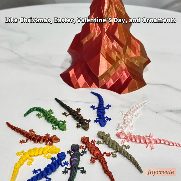 A collection of 30 articulated lizard figurines in various colors and textures displayed on a white marble surface.