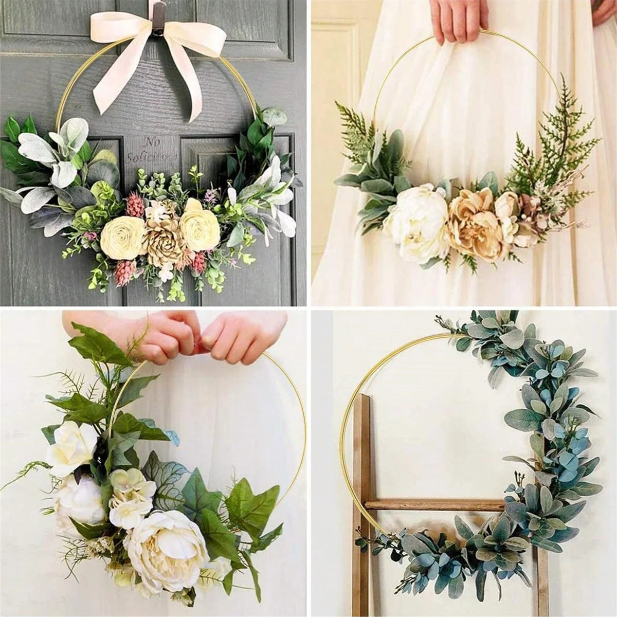 A collection of ten gold metal hoop centerpieces featuring floral greenery and roses.