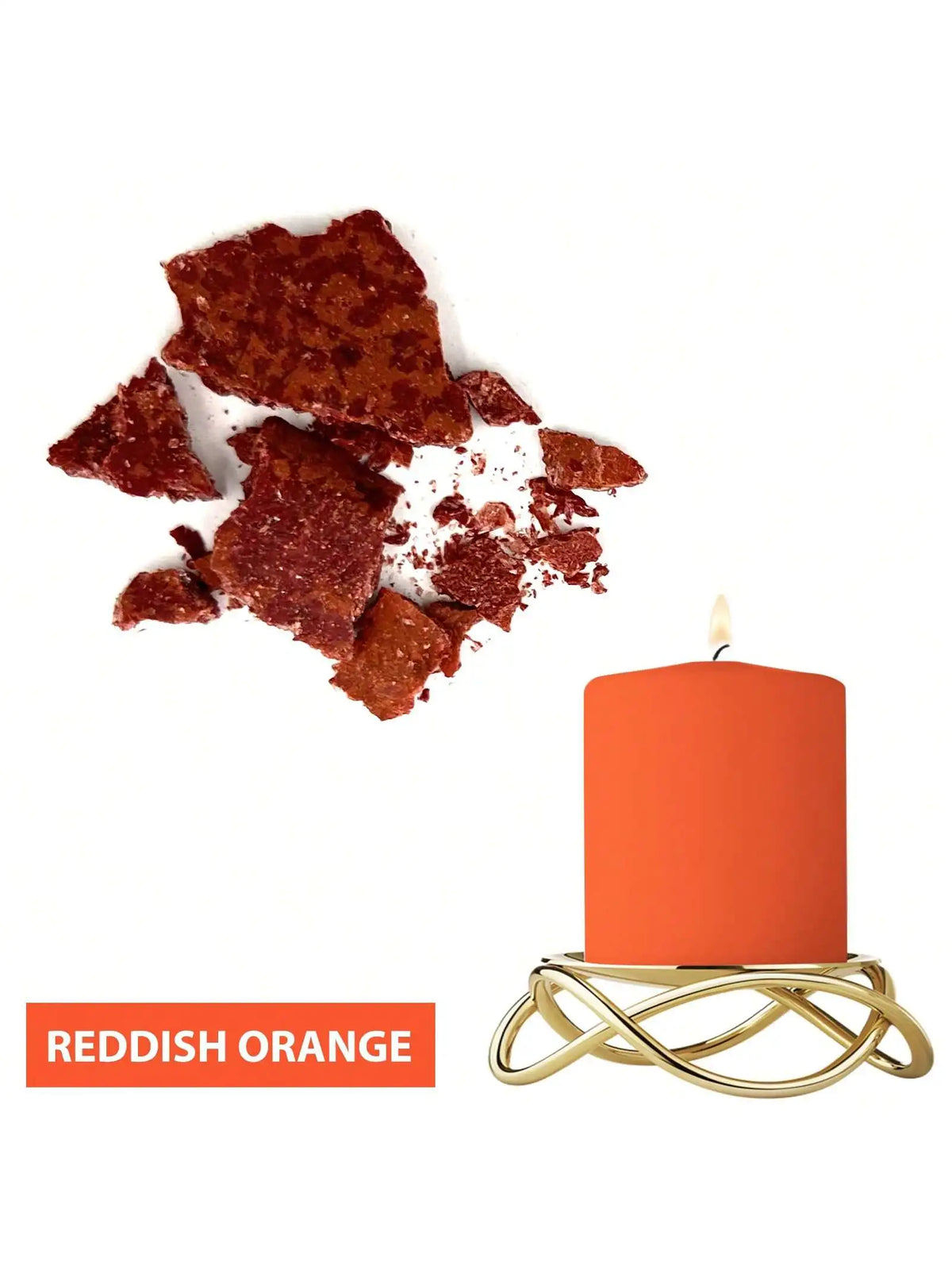 A reddish orange candle in a gold holder next to dried reddish orange dye blocks.