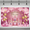 A pink and gold birthday party backdrop featuring a castle, balloons, and glittery stars against a cloud background.