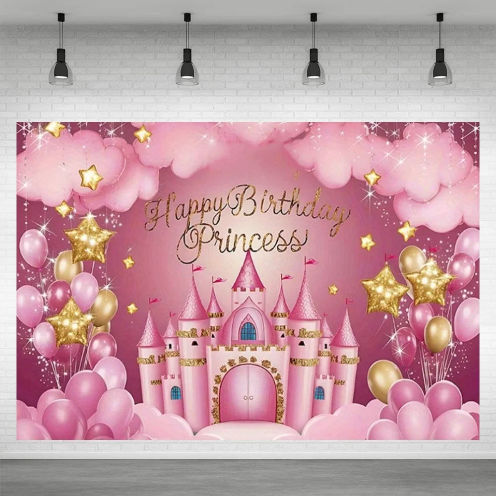 A pink and gold birthday party backdrop featuring a castle, balloons, and glittery stars against a cloud background.
