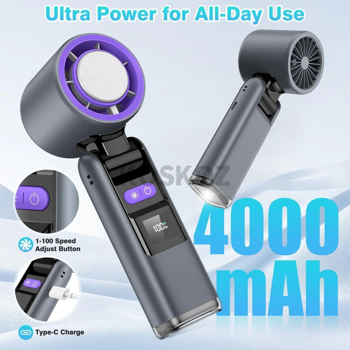A handheld cooling fan with a purple and silver body, showing various features like speed adjustment and Type-C charging.