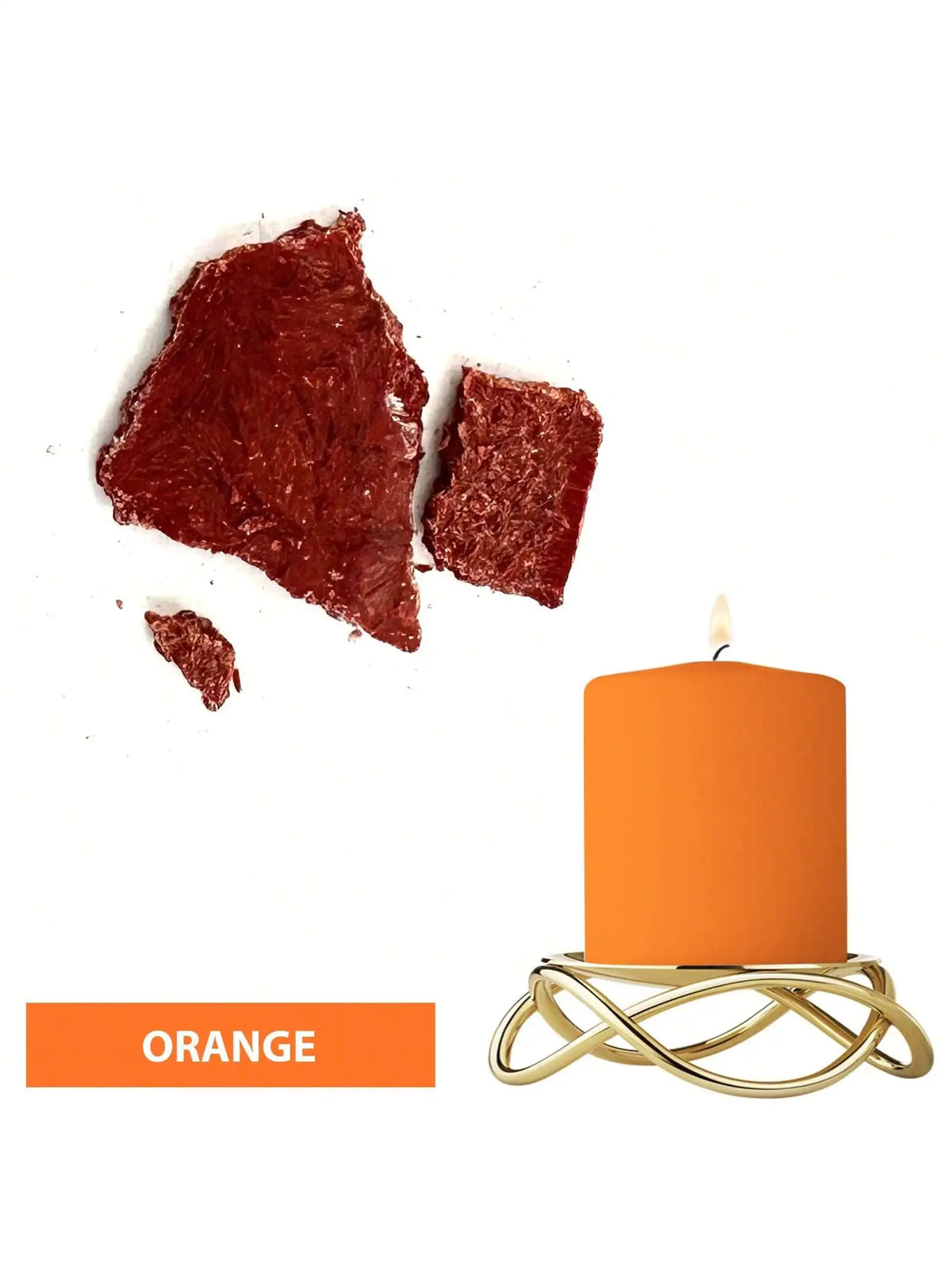 Orange candle dye blocks next to an orange pillar candle.