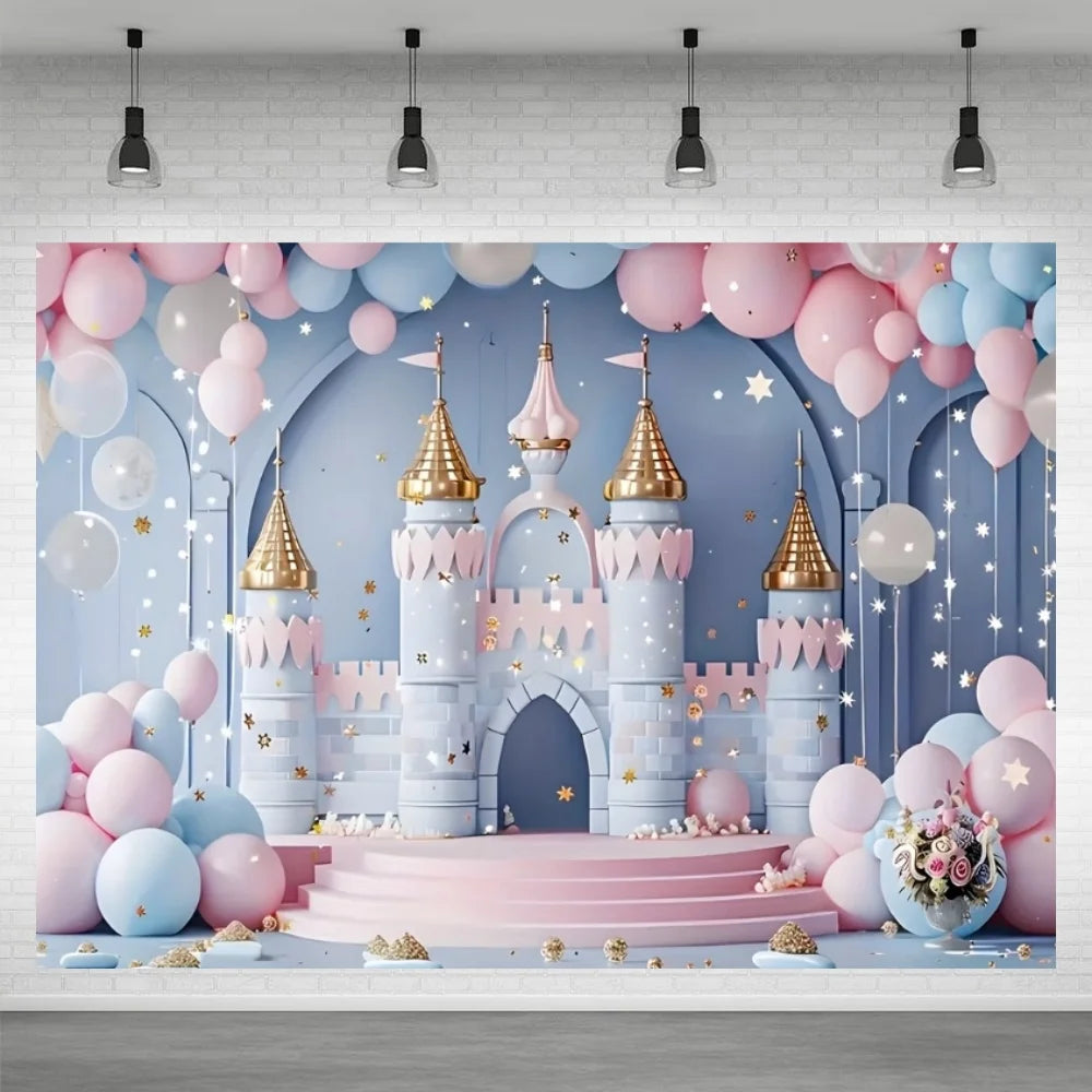 A pink and blue balloon backdrop featuring a castle facade for a birthday party.