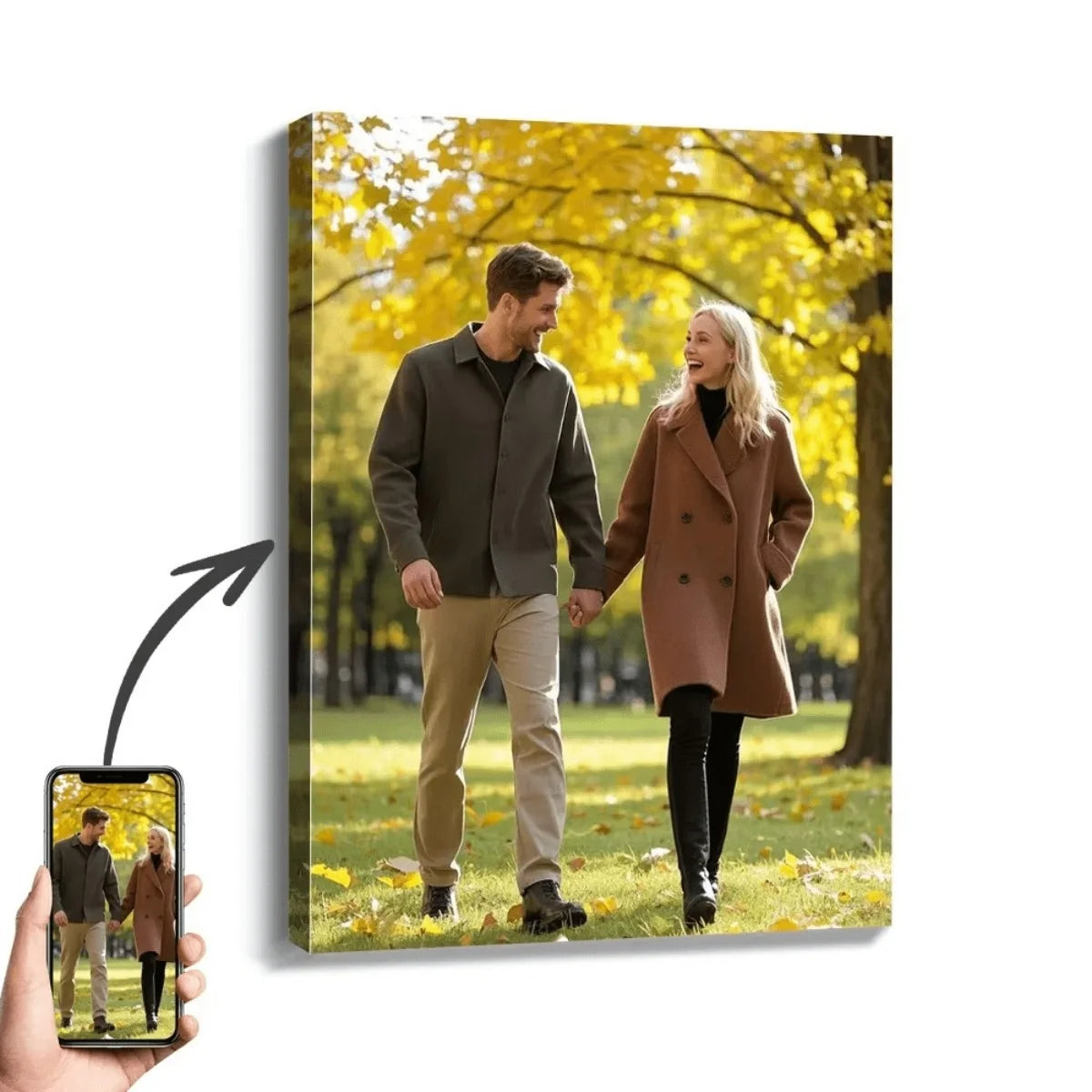 A framed canvas wall art featuring a smiling couple outdoors in autumn foliage.