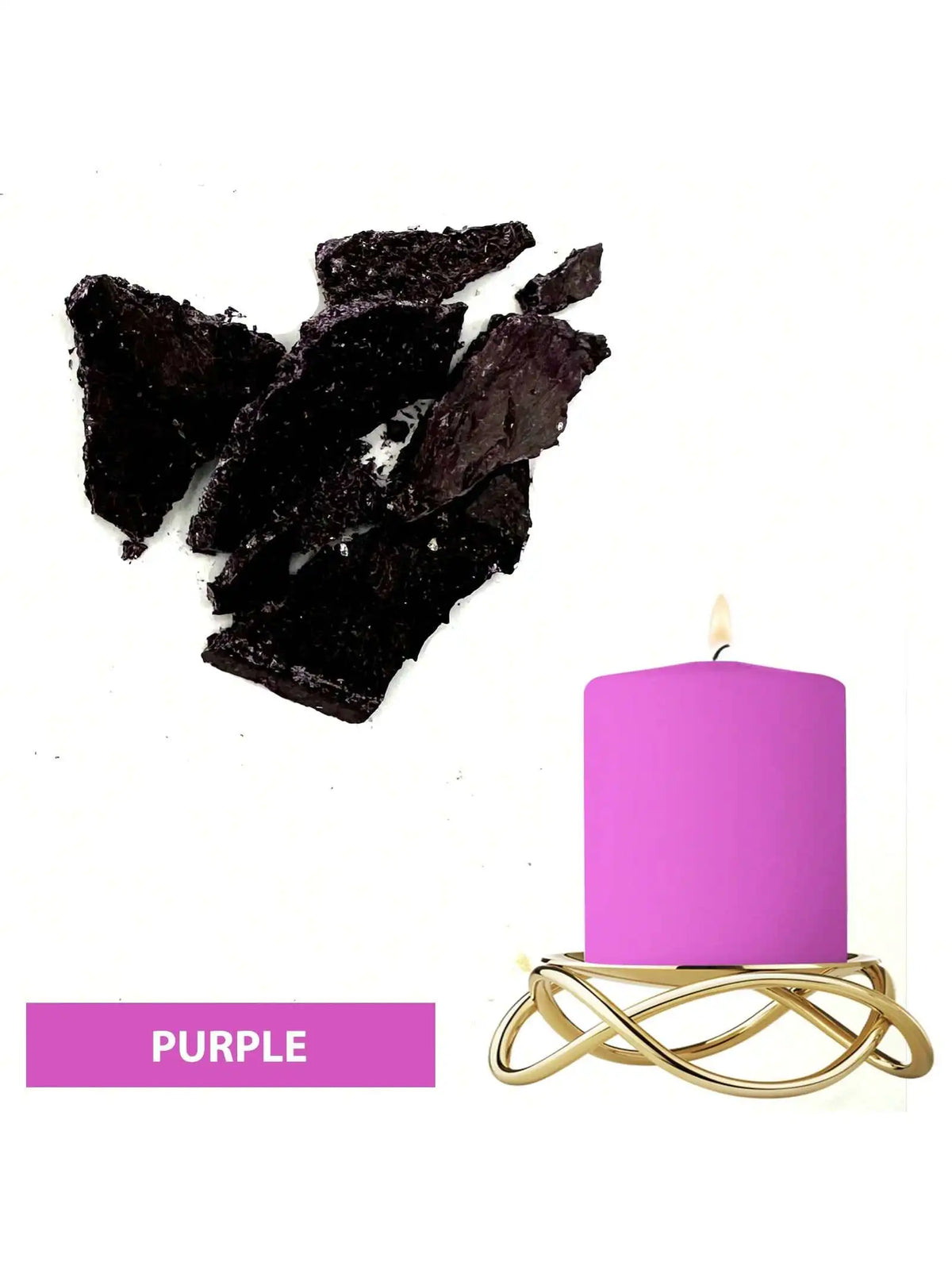 A purple candle in a gold wire holder next to black dye blocks.