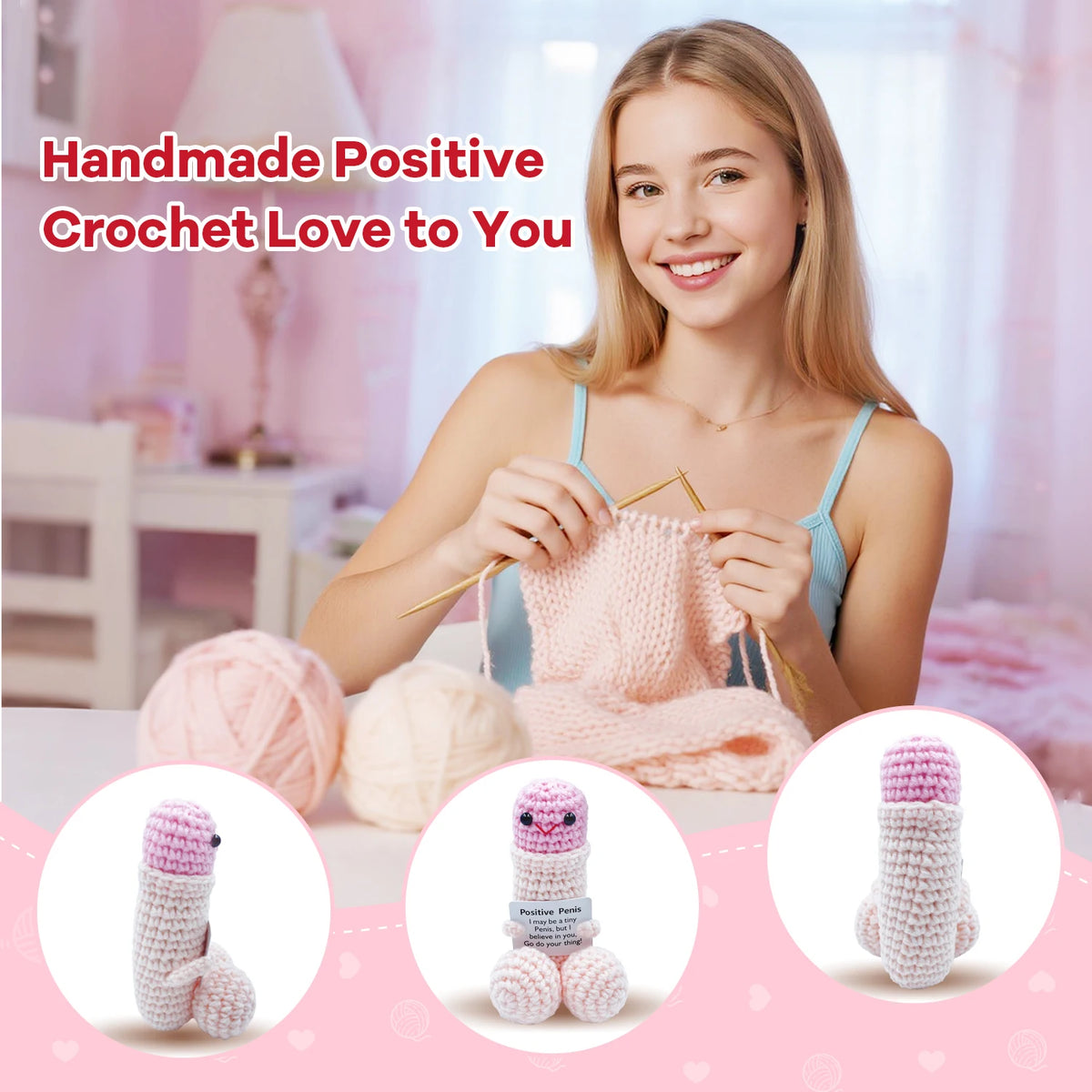 A young woman holds a pink handmade crochet figurine decoration with yarn and needles in a bright indoor setting.