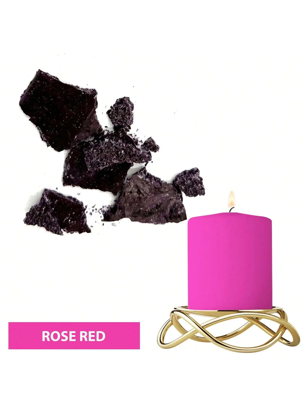 Pink candle in a gold stand with dark purple dye blocks scattered nearby