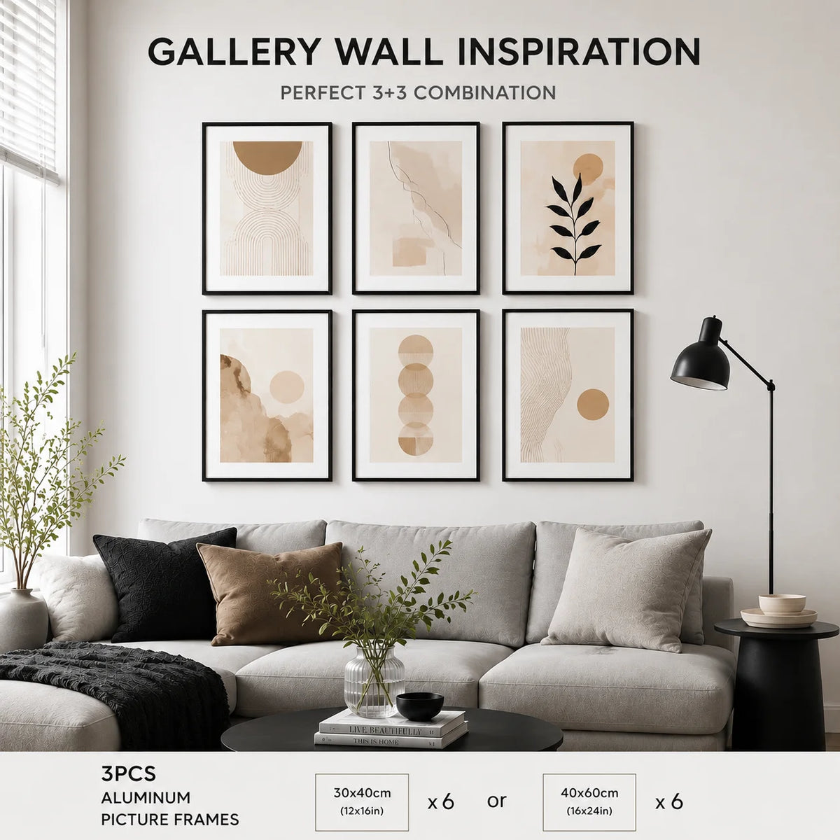 A gallery wall inspiration featuring three minimalist aluminum picture frames with neutral earth tones on a white wall.